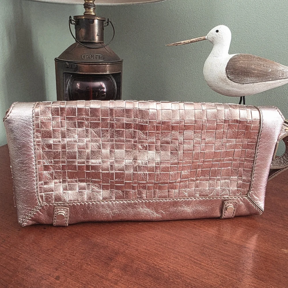 Elliott Lucca Woven Wristlet Clutch Pink Rose Gold Metallic Leather Bag